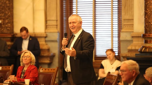 Sen. John Doll (R, Garden City) speaks in favor of an amendment to a ban on transgender athletes in women’s sports.